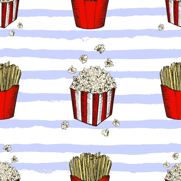 Popcorn und pommes frites hand gezeichnetes nahtloses muster fastfood skizze vektor hintergrund lebensmitteltextil...