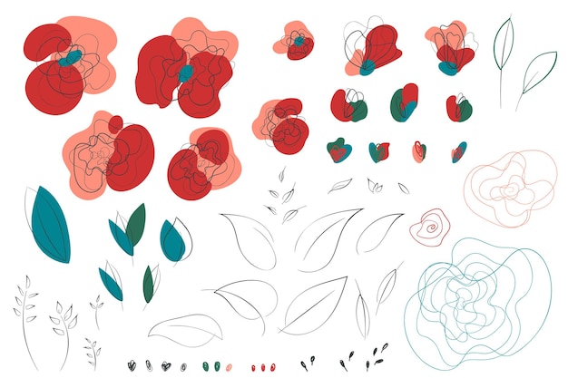 Poppy line-art abstrakte florale elemente. eleganz handgezeichnete blumen und blätter