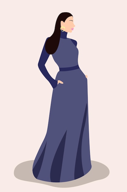 Porträt der stehenden jungen Frau im langen blauen Kleid Minimalistisches Mädchenporträt im Boho-Stil Vektor