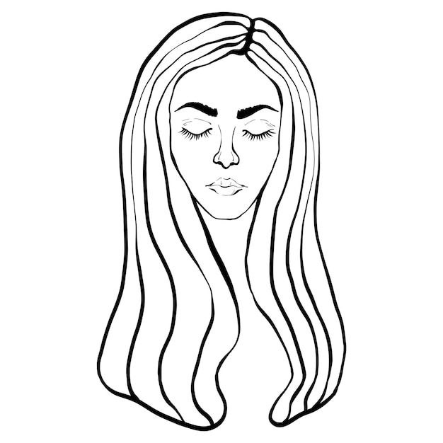 Porträt einer Frau mit langen Haaren und geschlossenen Augen Vektorlinie Kunstillustration Kopfskizze Handgezeichnete Illustration isoliert auf weißem Hintergrund