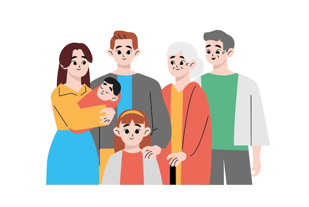 Porträt einer großen glücklichen Familie mit Kindern, Mutter, Vater, Großvater und Großmutter isoliert an
