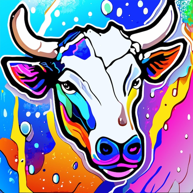 Porträt einer kuh im pop-art-stil, fliegende farben, ausdruck, handgezeichneter flacher, stilvoller cartoon-aufkleber