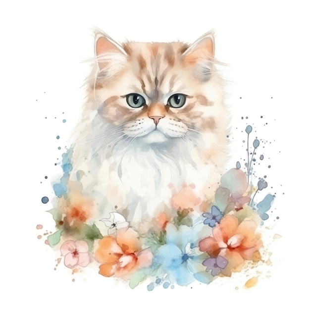 Vektor porträt einer niedlichen und flauschigen persischen katze in blumen aquarell-illustration