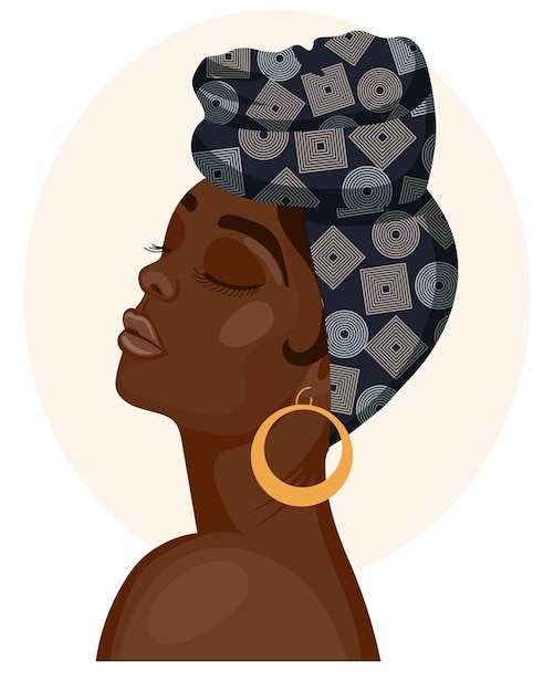 Porträt einer schönen Afrikanerin in einem traditionellen nationalen Turban. Abbildung, Vektor