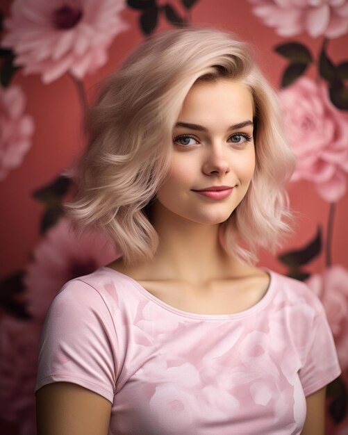 Vektor porträt einer schönen jungen frau mit blonden haaren und rosa t-shirt vor rosa blumenwandpapier