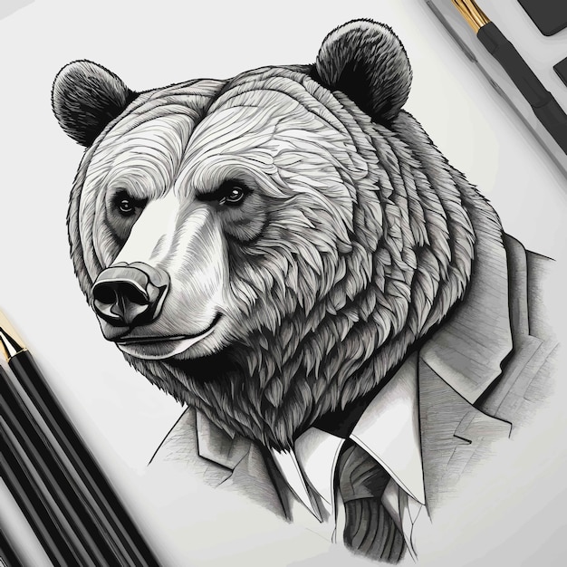 Vektor porträt eines bären im anzug. handgezeichnete illustration eines stiftes im notizbuch. porträt eines bären in as