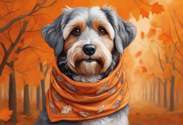 Vektor porträt eines hundes mit einer fliege herbst hintergrund herbst blätter baumporträt eines hunde mit einem b