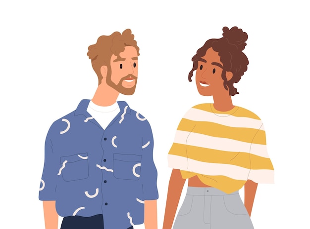 Porträt eines jungen glücklichen paares, das zusammensteht. mann und frau schauen sich liebevoll an. lächelnde trendige männliche und weibliche charaktere isoliert auf weiß. flache vektor-cartoon-illustration.