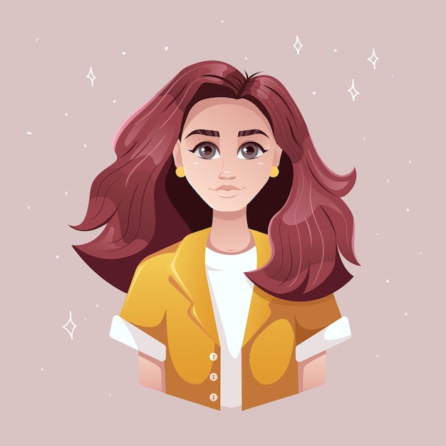 Porträt eines Mädchens im Cartoon-Stil mit langer Haarillustration in Pastellfarben