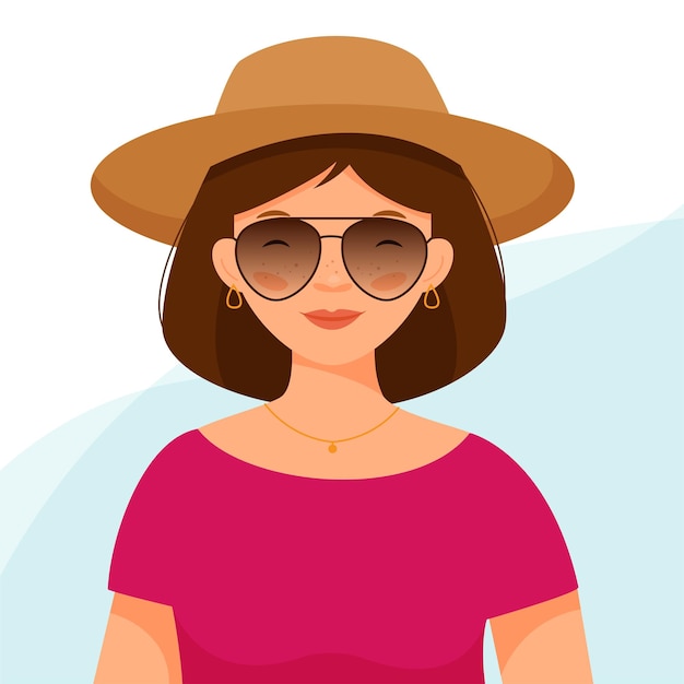 Porträt eines mädchens mit sommersprossen in einem strohhut und einer sonnenbrille flache illustration des sommerzeit-vektors