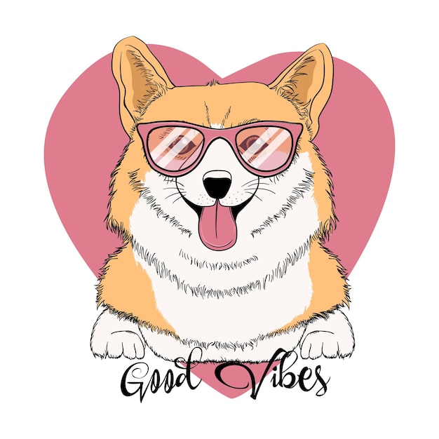 Porträt eines niedlichen hundes mit sonnenbrille lustiger corgi in verschiedenen posen humor textilkomposition handgezeichnet stil druck vektor-illustration