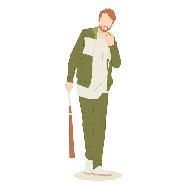 Porträt von hipster-männern, die in stilvollen outfits posieren und eine baseballschläger-illustration halten