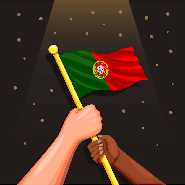 Portugal flagge auf der hand symbol für feier unabhängigkeitstag 1 desember konzept in cartoon illustra