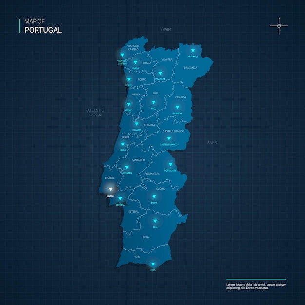 Portugal karte mit blauen neonlichtpunkten