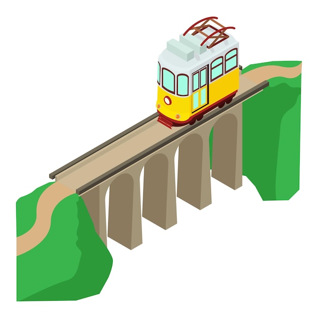 Vektor portugal-transportsymbol, isometrischer vektor. gelbe oldtimer-straßenbahnfahrt über brücke. retro-transport-portugal-symbol