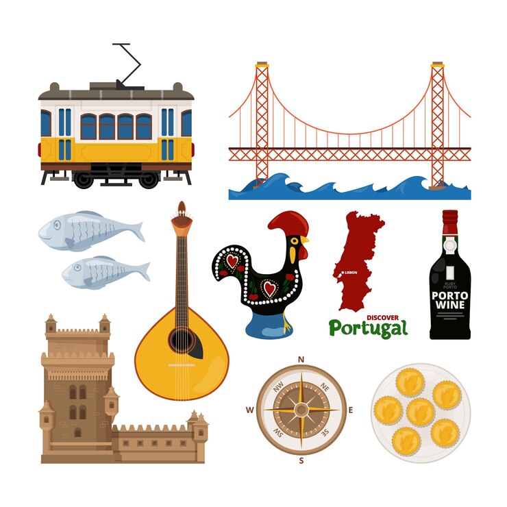 Vektor portugiesisches icon-set. illustration des hahns und der reise nach lissabon, traditionelle burgwohnung