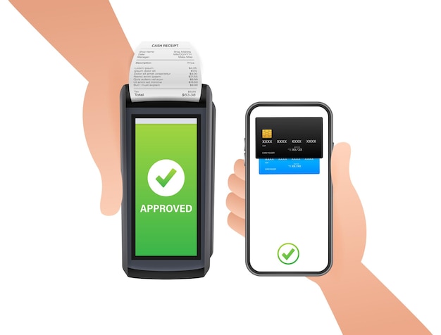 POS-Terminal Papierbeleg Genehmigt Abgelehnte Zahlung Hand mit Smartphone NFC-Zahlungsgerät