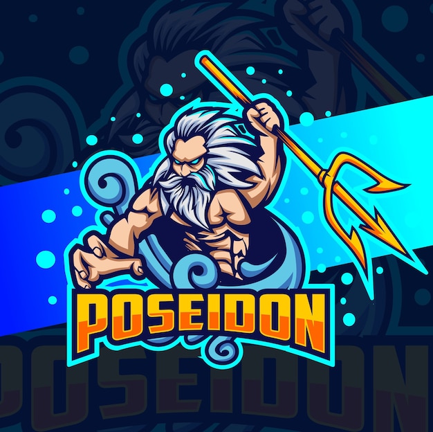 Poseidon gott des meeres maskottchen esport logo design