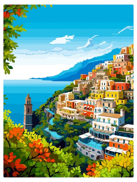 Positano Italien Vintage Reiseposter Souvenir Postkarten Porträtmalerei WPA Illustration
