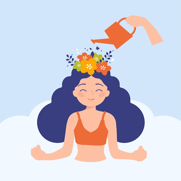 Positive Denkweise Mädchen, das Blumen auf dem Kopf mit einer Bewässerungsdose bewässert