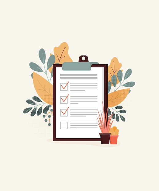 Positiver Geschäftsmann mit einem riesigen Bleistift auf seiner Schulter in der Nähe markierte Checkliste auf einem Klemmbrettpapier Flache Designart der Illustration