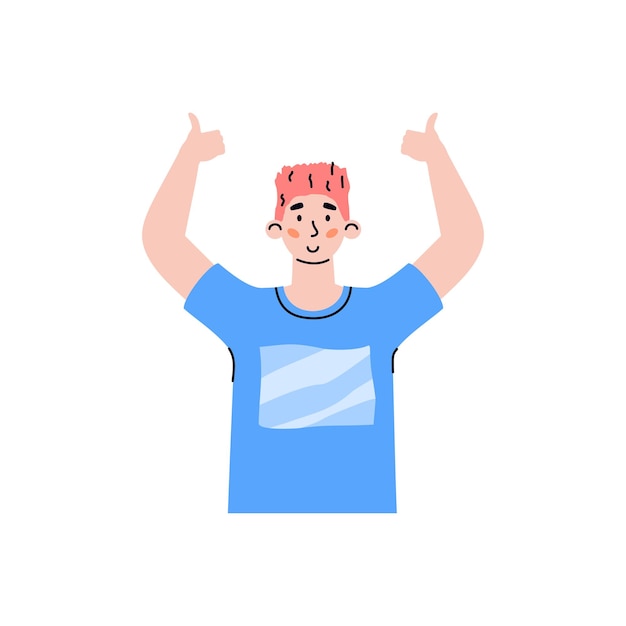 Positiver männlicher Charakter nach oben Hände, die auf OK-Zeichen eine flache Vektorillustration gestikulieren