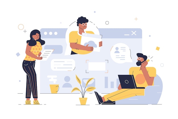 Posten per Webanwendung, Vektorillustration Cartoon-Blogger aus Männern und Frauen, die Beiträge in sozialen Netzwerken verfassen und E-Mails mithilfe einer Internet-App senden. Flaches Design. Modernes Technologiekonzept