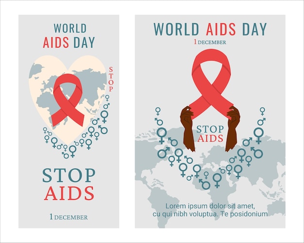 Poster-flyer zum welt-aids-tag schwarze menschen mit rotem band als symbol der aids-kontrolle unterstützung für hiv-infizierte menschen weltkarte mit geschlechtszeichen, die vektorillustration beschriften