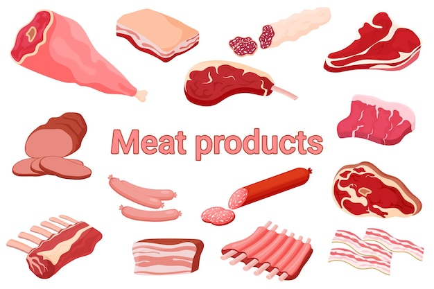 Poster für fleischprodukte eine reihe von illustrationen für eine metzgerei rindersteak schweinefleisch