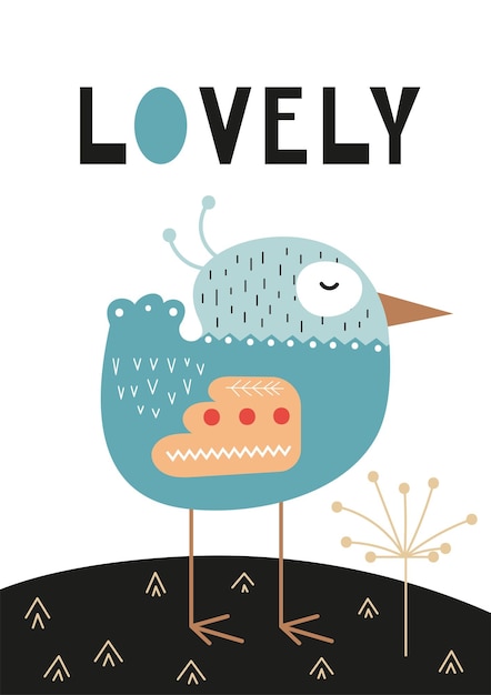 Vektor poster für kinderzimmer scandi-design mit süßem vogel und text lovely im skandinavischen stil