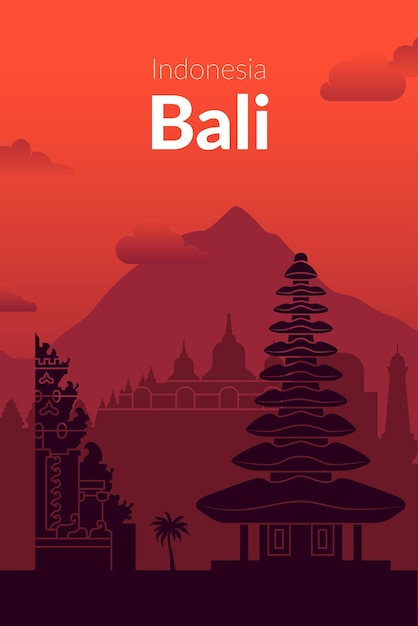 Vektor poster mit blick auf den berühmten sonnenuntergang auf bali, indonesien