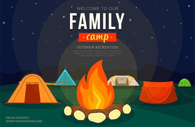 Poster mit campingzelt und lagerfeuer für familienabenteuercamping