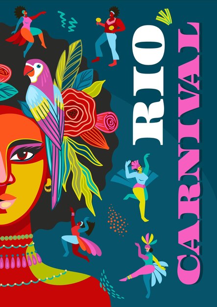 Vektor poster mit porträt einer frau in brasilianischem karnevalskostüm entwurf für karnevalskonzept und andere