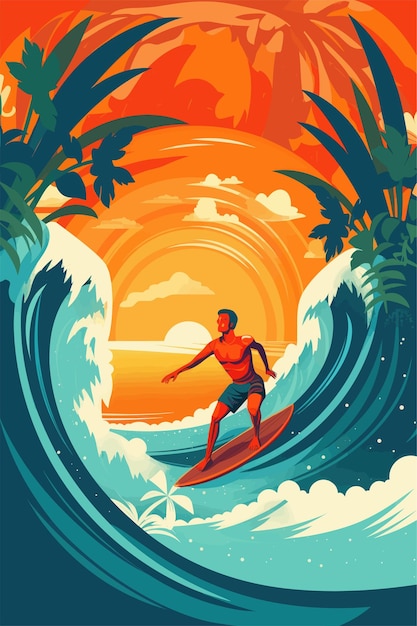 Poster_morden glücklicher junge surft in flacher farbe mockups design 3d hd