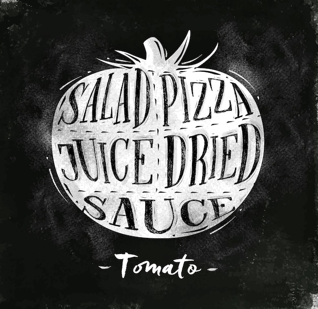 Poster tomaten-schneide-schema schriftzug salat pizza saft getrocknete sauce im vintage-stil