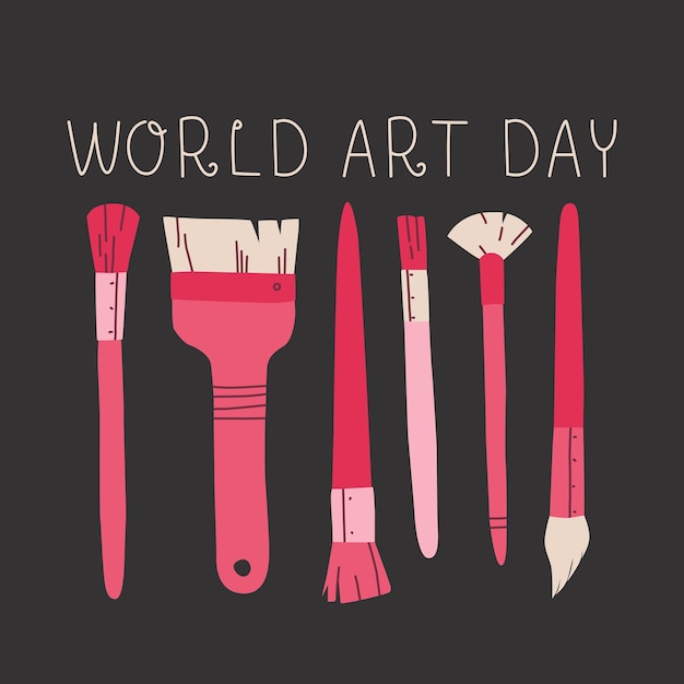 Poster World Art Day Verschiedene Pinsel zum Zeichnen und Inschrift Vector Illustration für Design