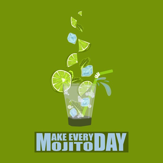 Vektor poster zum nationalen mojito-tag am 11. juliglas mojito mit limetten-minz-eis-vektordesign