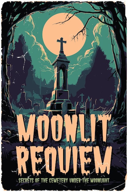 Vektor posterdesign für einen fiktiven horrorfilm aus den 80ern mit dem titel moonlit requiem secrets of the cemetery under the moonlight