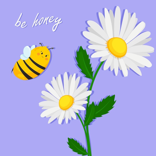 Postkarte mit biene und gänseblümchen sei süß. nette und nette cartoonbiene mit gänseblümchen auf blauem hintergrund