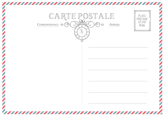 Postkarte mit Briefmarken und Blumen. Vektorillustration.