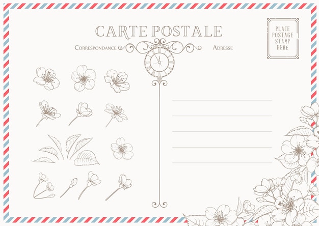 Postkarte mit Briefmarken und Blumen.