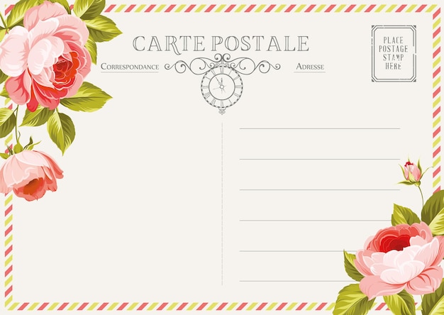 Postkarte mit Briefmarken und Blumen.