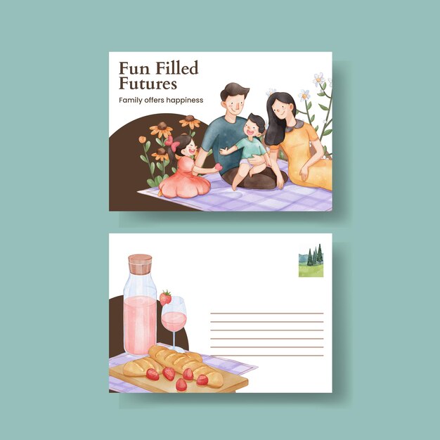 Postkartenvorlage mit familienspaß-tageskonzept im aquarell-stil