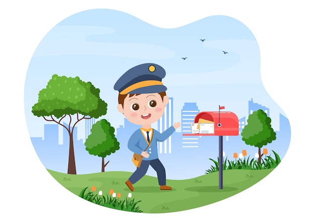 Postman cartoon vector illustration in uniform und mit umschlag im postfach