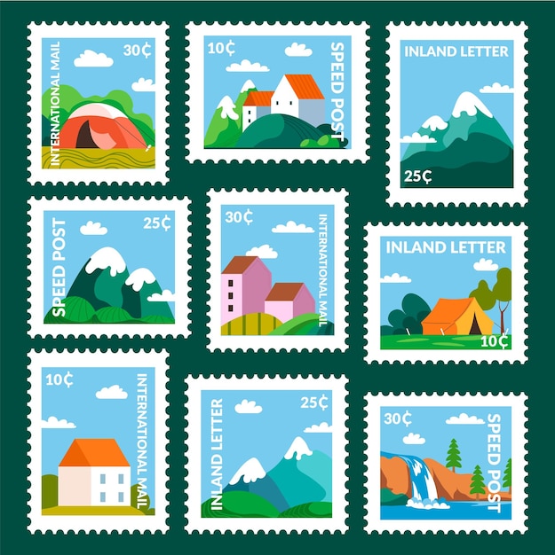 Postmark-design-set mit zeichentrickfilm-naturlandschaft