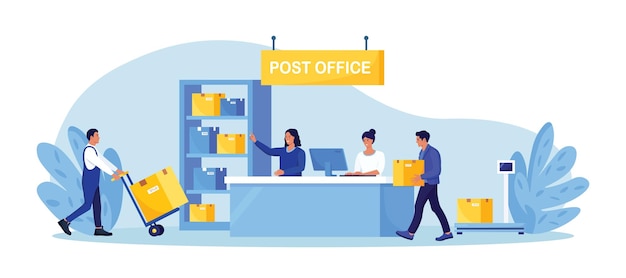 Vektor postzustellungsbüro mit rezeption postbote, der dem kunden pakete in der postabteilung gibt postarbeiterkurier mit kisten, die handkarren schieben paketversandkorrespondenzzustellung