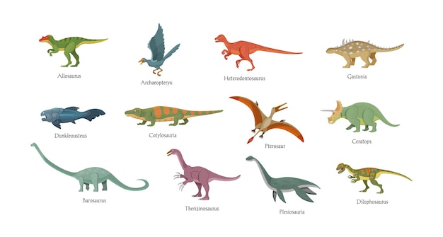 Prähistorische Tiere eingestellt. Antike Vögel, Fische, Dinosaurier, Amphibien mit Namensinschrift