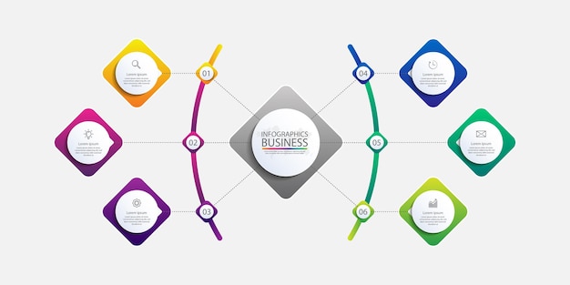 Präsentation Business Infografik Vorlage bunt mit sechs Schritten