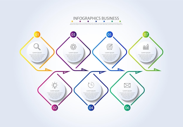 Präsentation business infografik vorlage bunt mit sieben schritten