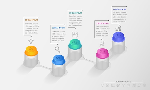 Präsentation business infografik-vorlage mit fünf optionen und 3d-glas auf weißem hintergrund